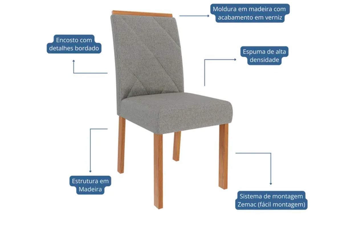Sala Jantar Mesa Flora c/ Tampo Madeirado c/ Vidro 95x95cm e 4 Cadeiras Fernanda - Cimol