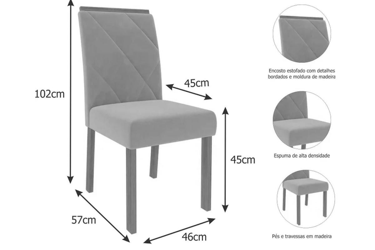 Sala Jantar Mesa Flora c/ Tampo Madeirado c/ Vidro 95x95cm e 4 Cadeiras Fernanda - Cimol