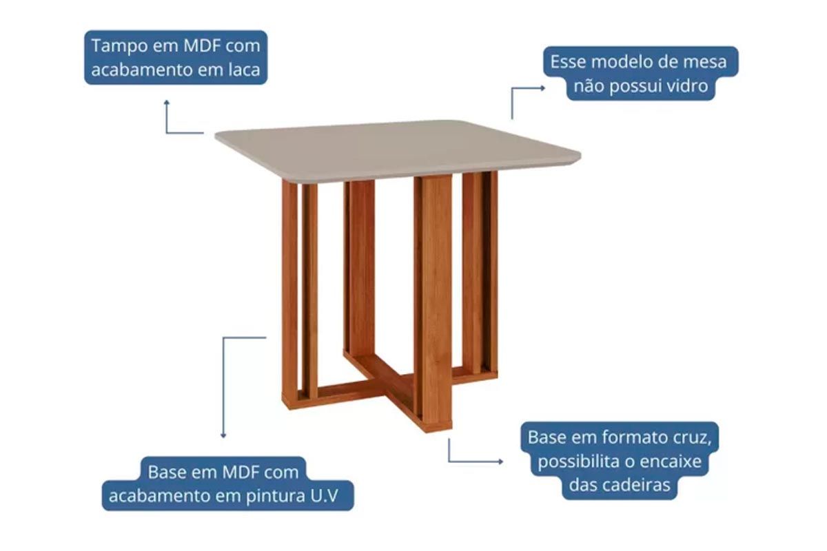 Sala Jantar Mesa Flora c/ Tampo Madeirado c/ Vidro 95x95cm e 4 Cadeiras Clarice - Cimol