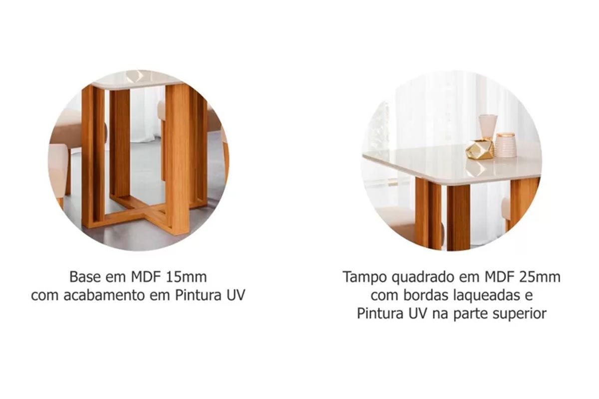 Sala Jantar Mesa Flora c/ Tampo Madeirado c/ Vidro 95x95cm e 4 Cadeiras Clarice - Cimol