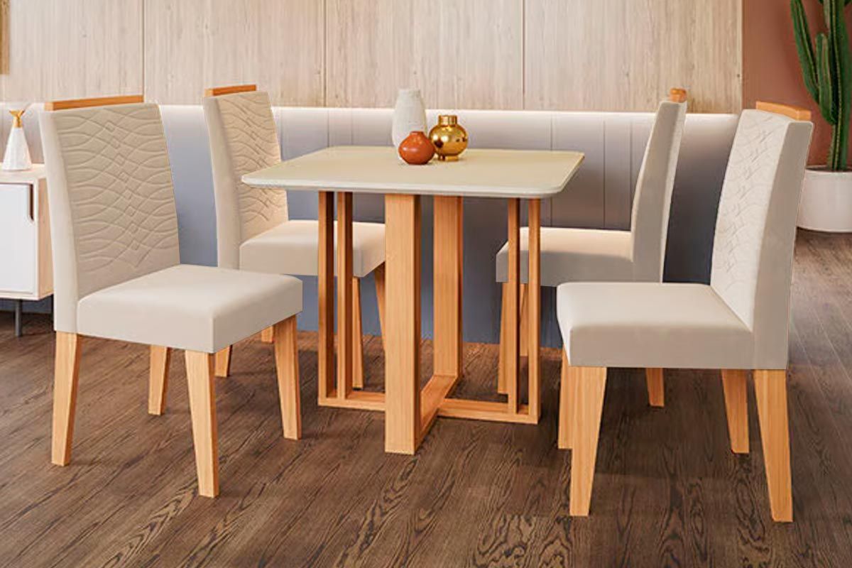 Sala Jantar Mesa Flora c/ Tampo Madeirado c/ Vidro 95x95cm e 4 Cadeiras Clarice - Cimol
