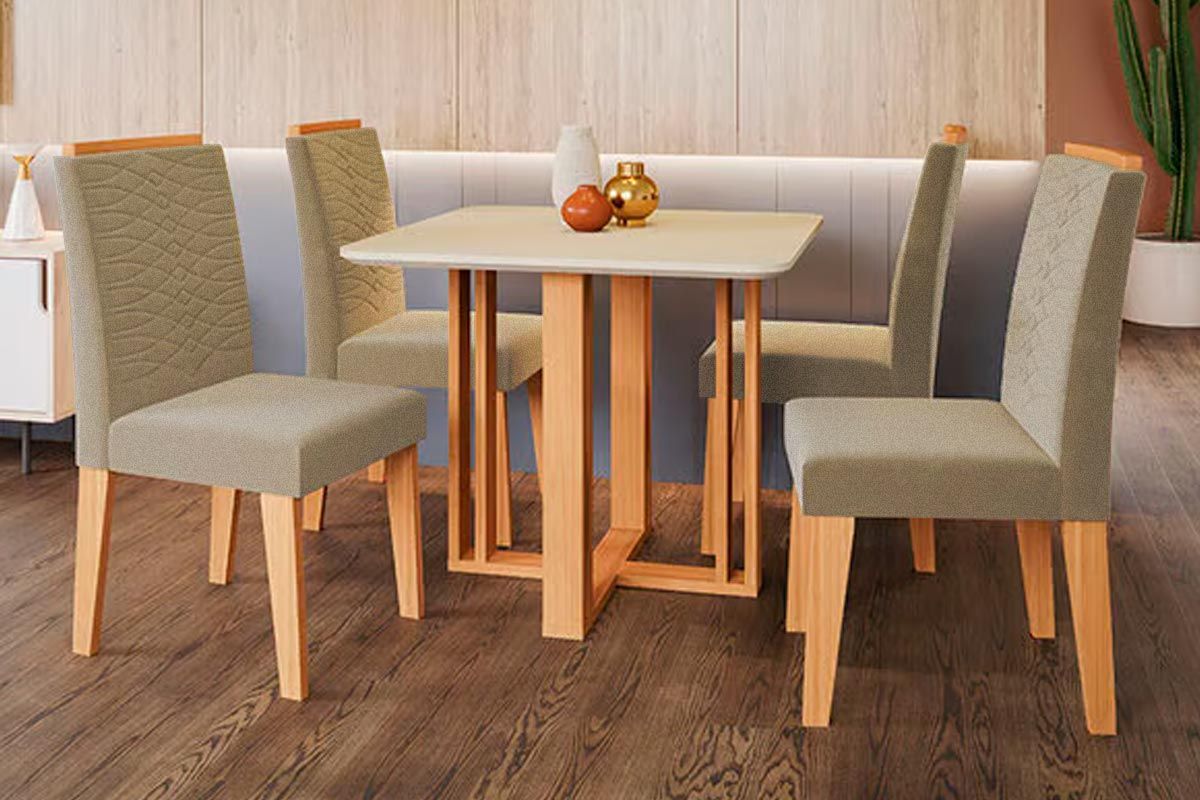 Sala Jantar Mesa Flora c/ Tampo Madeirado c/ Vidro 95x95cm e 4 Cadeiras Clarice - Cimol
