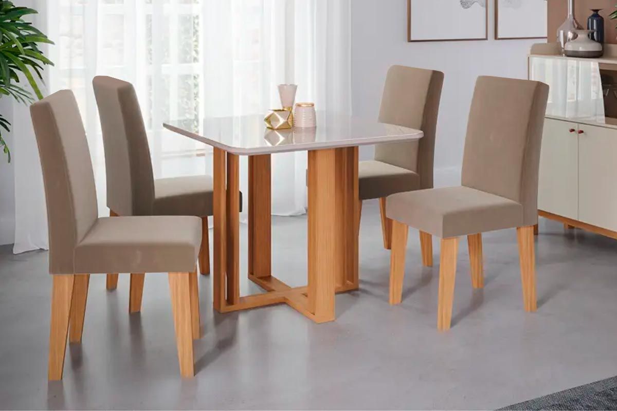 Sala Jantar Mesa Flora c/ Tampo Madeirado c/ Vidro 95x95cm e 4 Cadeiras Milena - Cimol