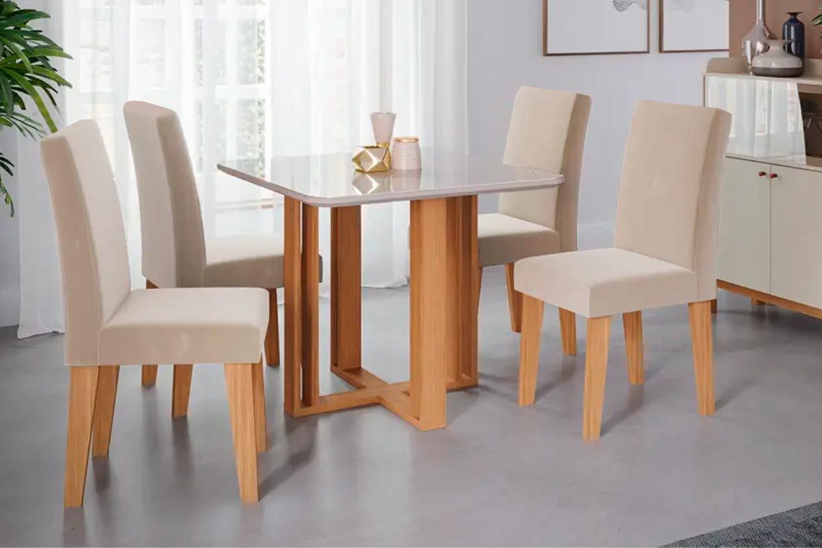 Sala Jantar Mesa Flora c/ Tampo Madeirado c/ Vidro 95x95cm e 4 Cadeiras Milena - Cimol