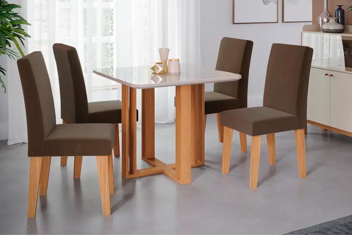 Sala Jantar Mesa Flora c/ Tampo Madeirado c/ Vidro 95x95cm e 4 Cadeiras Milena - Cimol