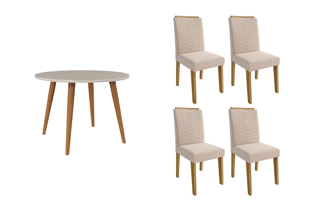 Sala Jantar Mesa Dani Madeira Maciça c/ Tampo Madeirado c/ Vidro 109cm e 4 Cadeiras Clarice - Cimol