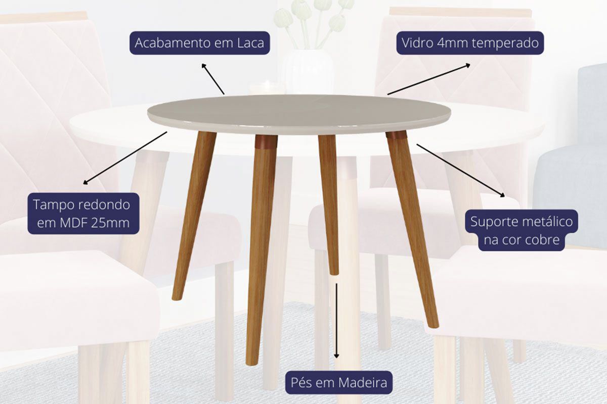 Sala Jantar Mesa Dani Madeira Maciça c/ Tampo Madeirado c/ Vidro 109cm e 4 Cadeiras Clarice - Cimol