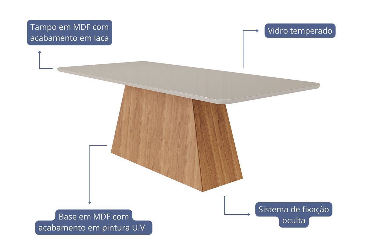 Sala Jantar Mesa Helena c/ Tampo Madeirado c/ Vidro 210x100 cm e 6 Cadeiras Laura - Cimol