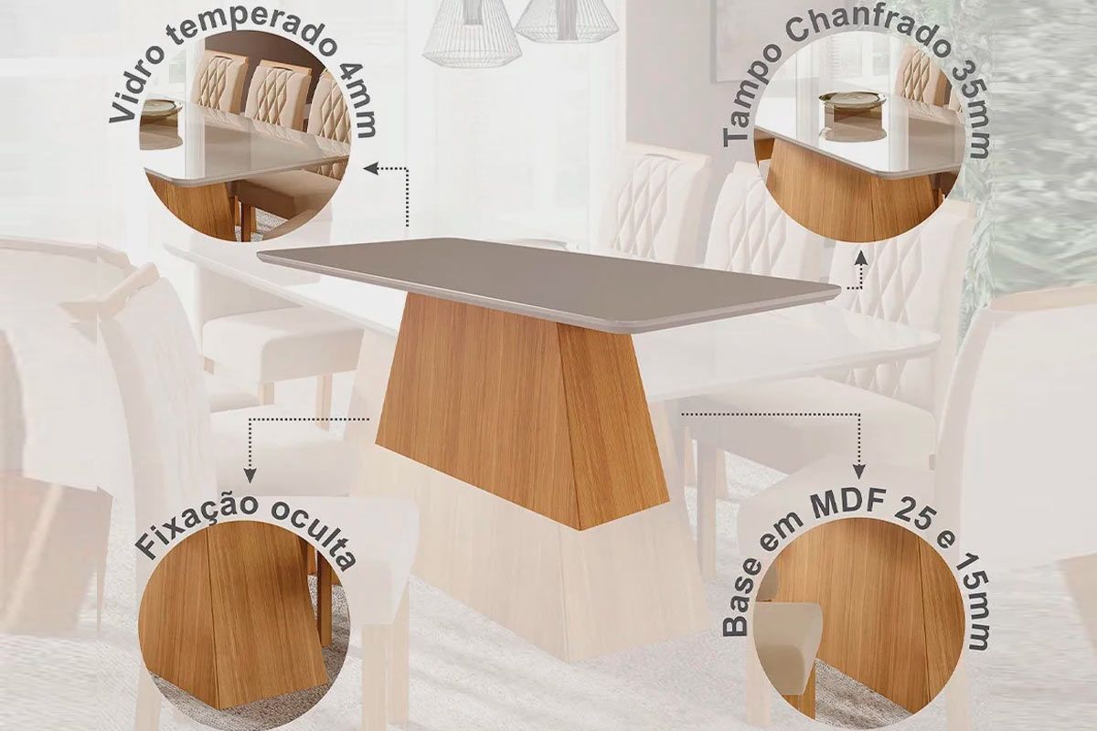 Sala Jantar Mesa Helena c/ Tampo Madeirado c/ Vidro 210x100 cm e 8 Cadeiras Clarice - Cimol