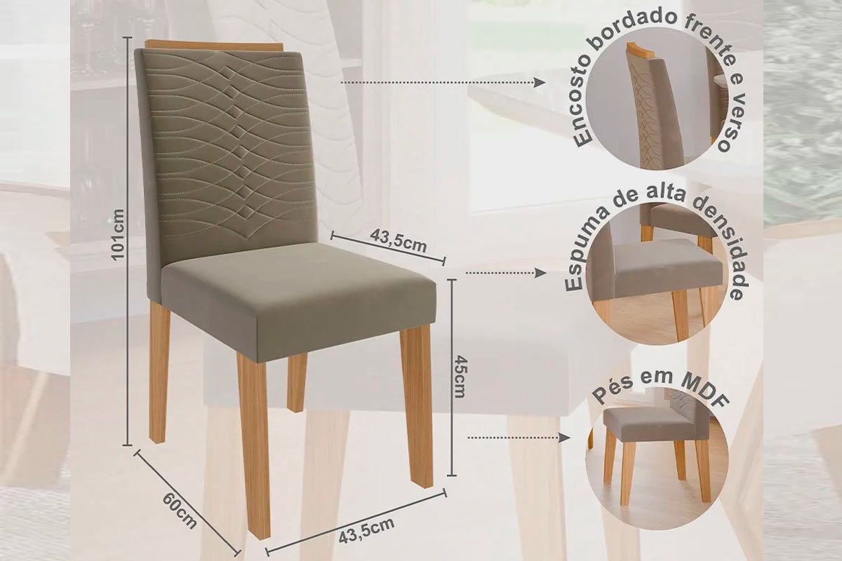 Sala Jantar Mesa Helena c/ Tampo Madeirado c/ Vidro 210x100 cm e 8 Cadeiras Clarice - Cimol
