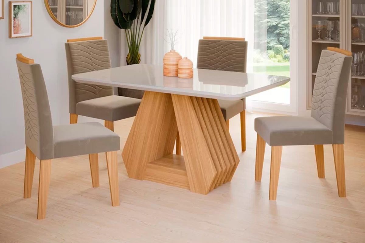 Sala Jantar Mesa Ágata c/ Tampo Madeirado c/ Vidro 130x80cm e 4 Cadeiras Clarice - Cimol