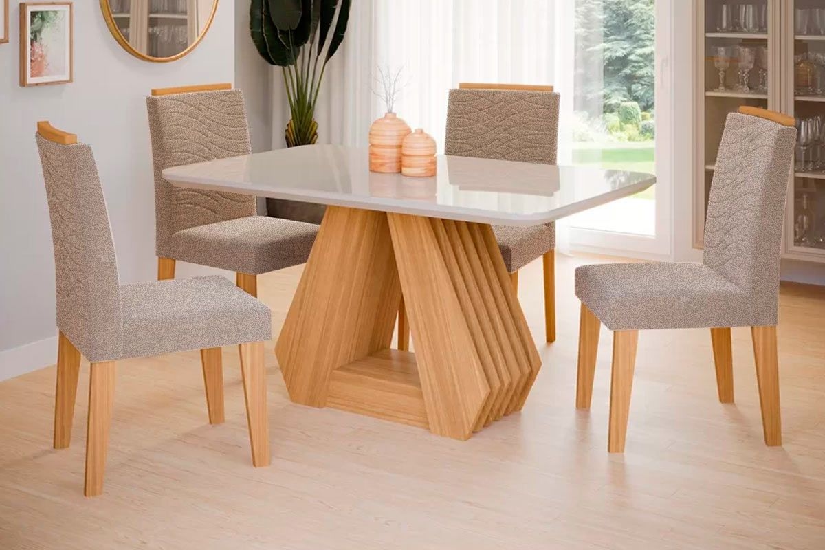 Sala Jantar Mesa Ágata c/ Tampo Madeirado c/ Vidro 130x80cm e 4 Cadeiras Clarice - Cimol