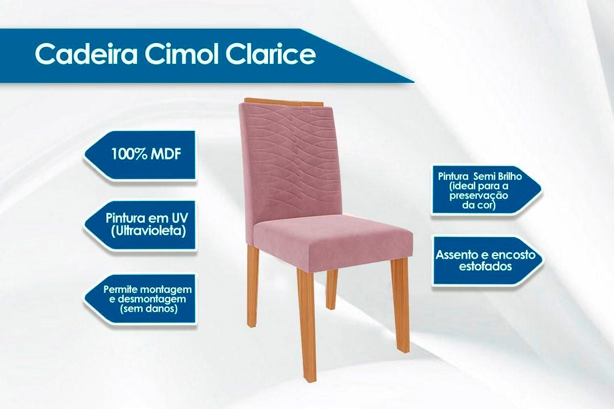 Sala Jantar Mesa Carol c/ Tampo Madeirado c/ Vidro 180x90cm e 6 Cadeiras Clarice - Cimol