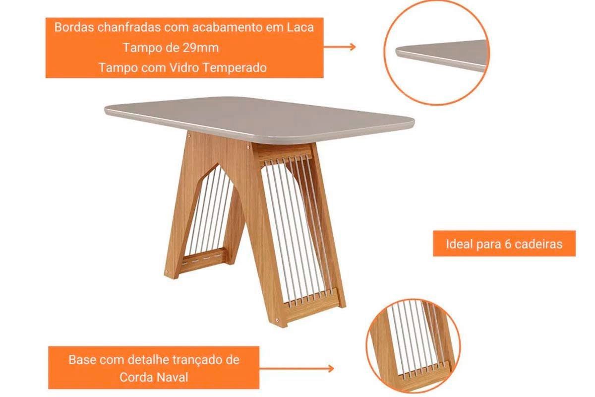 Sala Jantar Mesa Carol c/ Tampo Madeirado c/ Vidro 180x90cm e 6 Cadeiras Clarice - Cimol