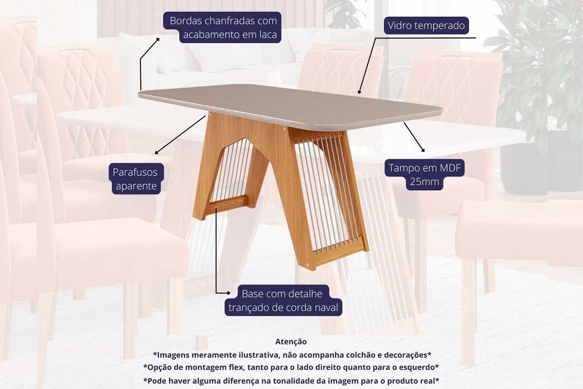 Sala Jantar Mesa Carol c/ Tampo Madeirado c/ Vidro 180x90cm e 6 Cadeiras Clarice - Cimol