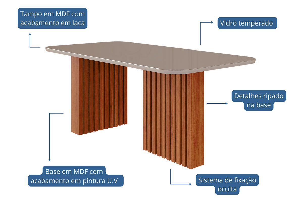 Sala Jantar Mesa Ester c/ Tampo Madeirado c/ Vidro 180x90cm e 6 Cadeiras Clarice - Cimol
