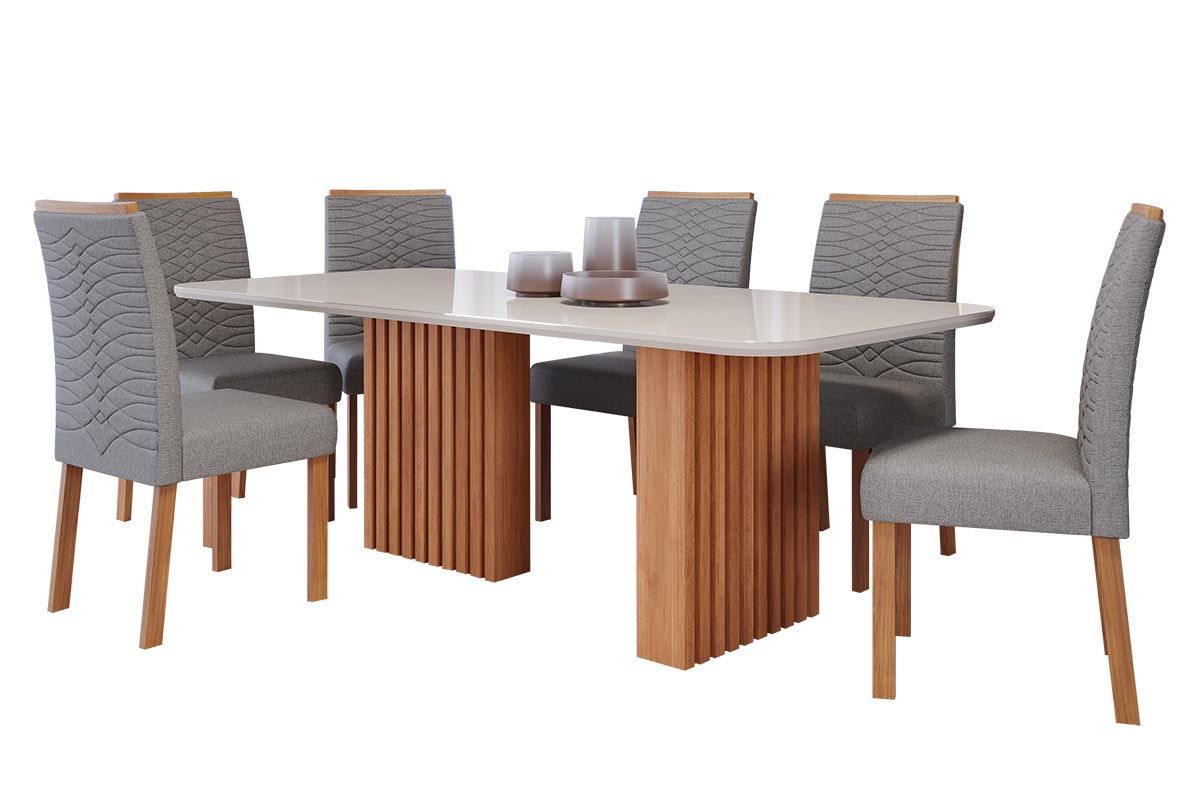 Sala Jantar Mesa Ester c/ Tampo Madeirado c/ Vidro 180x90cm e 6 Cadeiras Clarice - Cimol