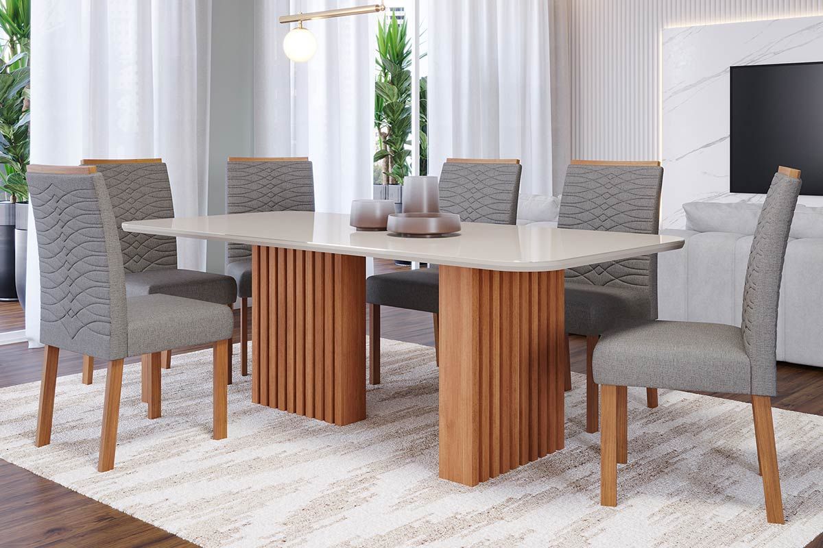 Sala Jantar Mesa Ester c/ Tampo Madeirado c/ Vidro 180x90cm e 6 Cadeiras Clarice - Cimol