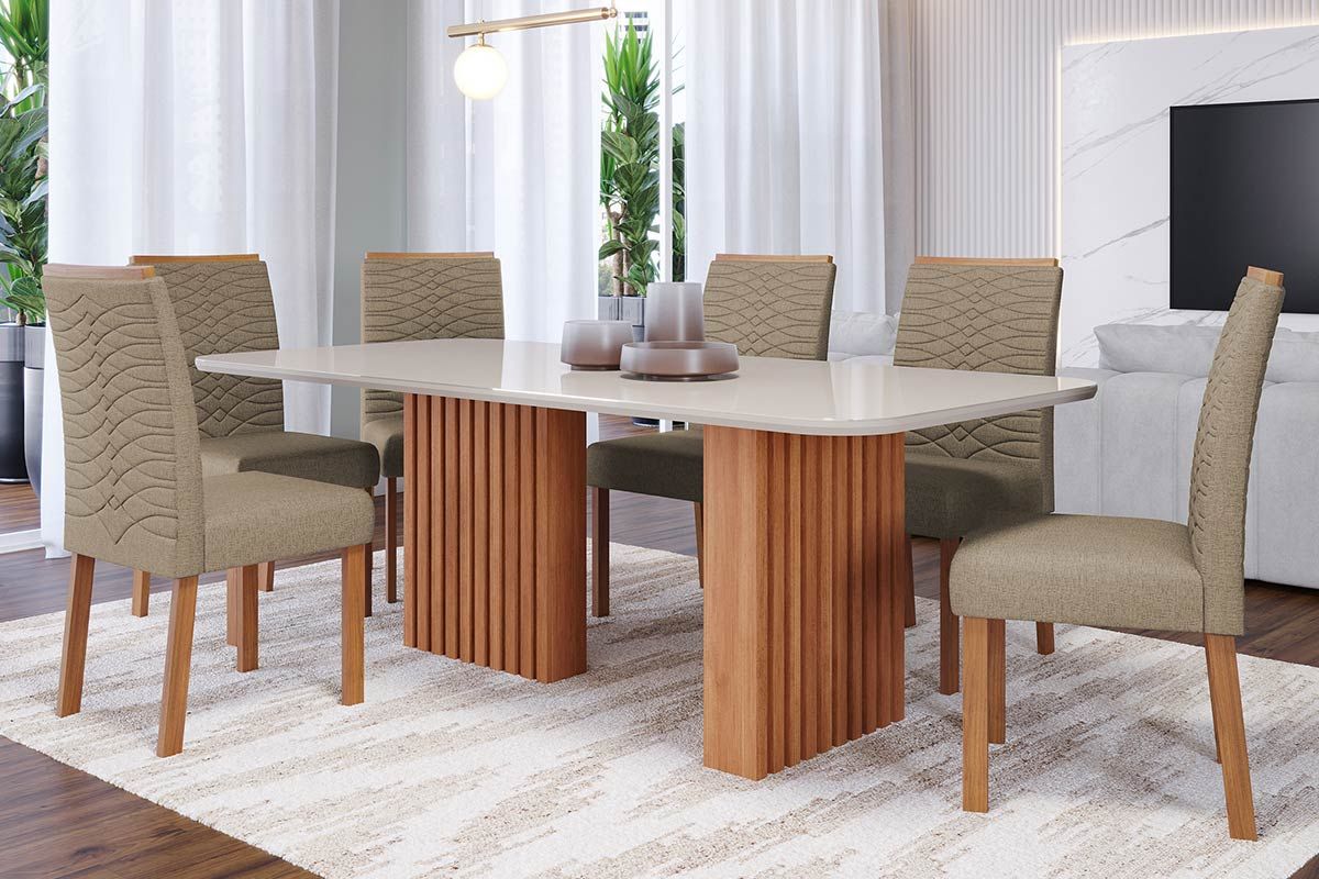 Sala Jantar Mesa Ester c/ Tampo Madeirado c/ Vidro 180x90cm e 6 Cadeiras Clarice - Cimol