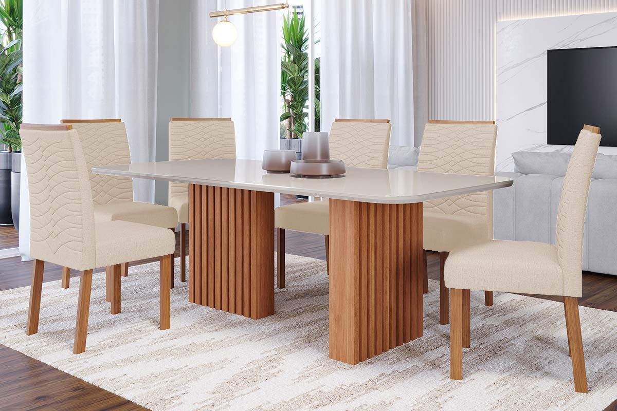 Sala Jantar Mesa Ester c/ Tampo Madeirado c/ Vidro 180x90cm e 6 Cadeiras Clarice - Cimol