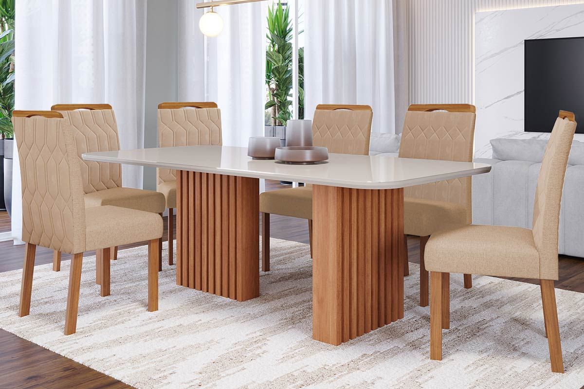 Sala Jantar Mesa Ester c/ Tampo Madeirado c/ Vidro 180x90cm e 6 Cadeiras Paola - Cimol