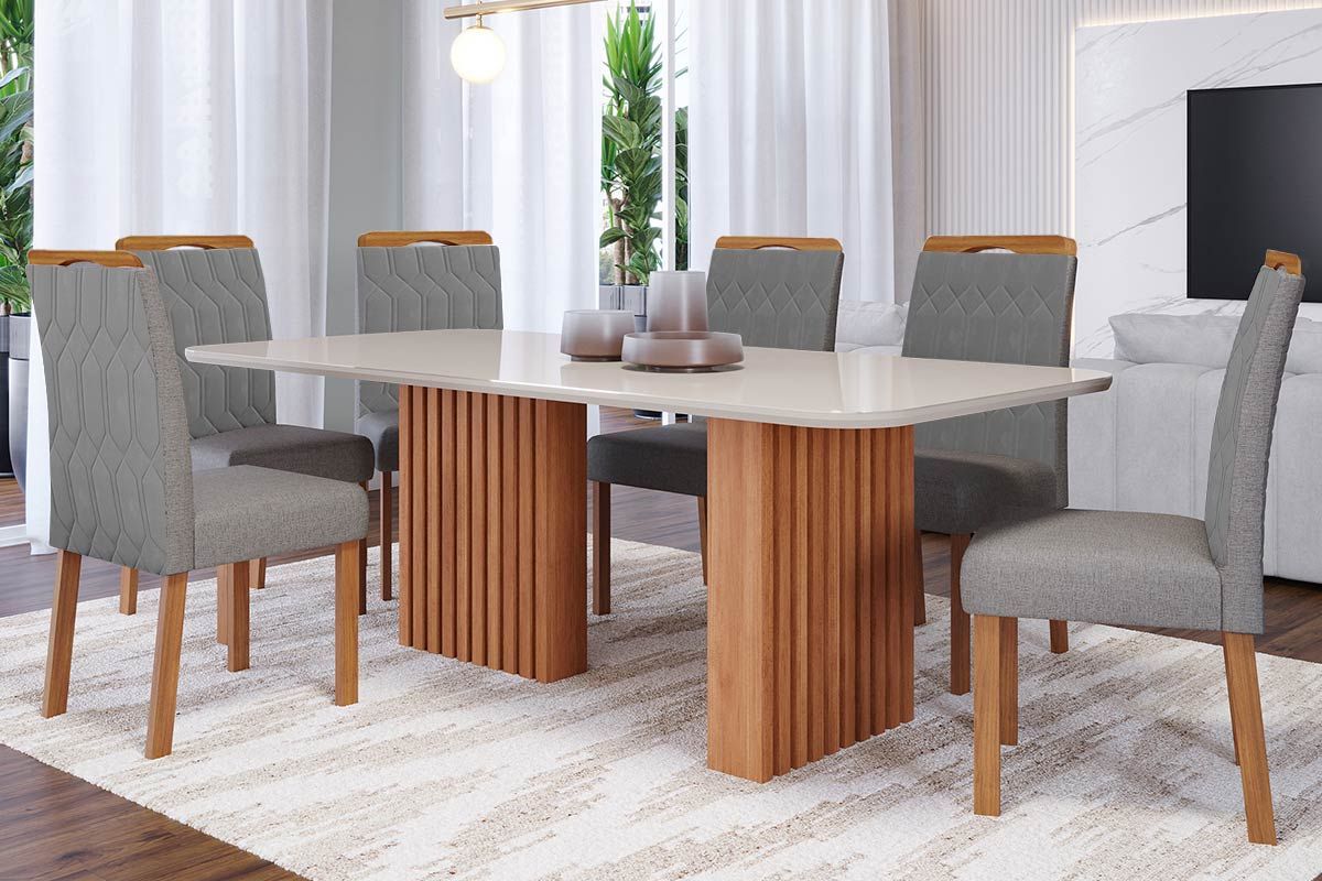Sala Jantar Mesa Ester c/ Tampo Madeirado c/ Vidro 180x90cm e 6 Cadeiras Paola - Cimol