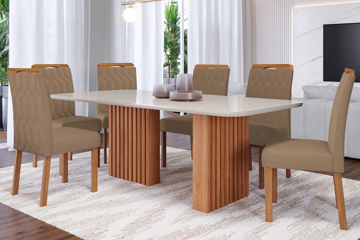 Sala Jantar Mesa Ester c/ Tampo Madeirado c/ Vidro 180x90cm e 6 Cadeiras Paola - Cimol