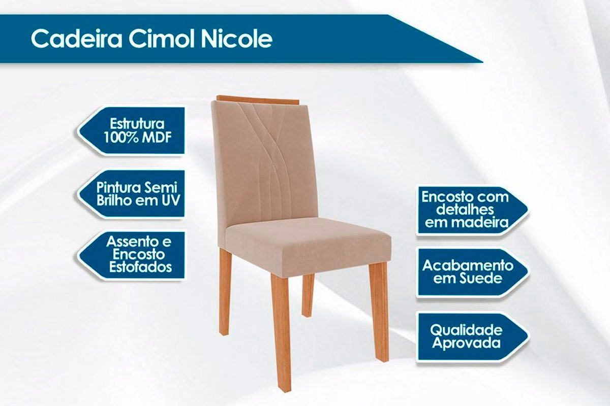Sala Jantar Mesa Grace Tampo Madeirado 90x90cm e 4 Cadeiras Nicole - Cimol