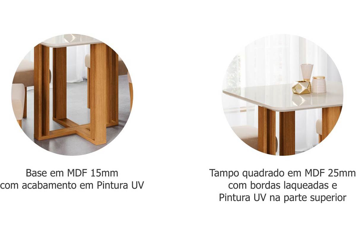 Sala Jantar Mesa Flora Tampo Madeirado c/ Vidro 95X95cm e 4 Cadeiras Nicole - Cimol