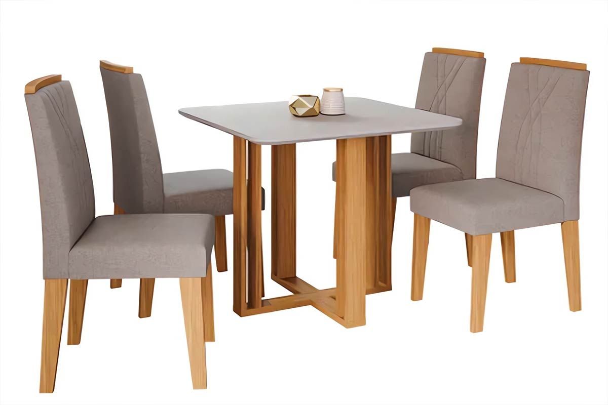 Sala Jantar Mesa Flora Tampo Madeirado c/ Vidro 95X95cm e 4 Cadeiras Nicole - Cimol