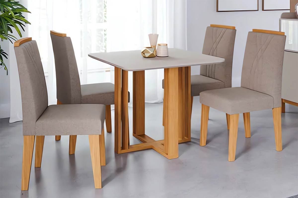 Sala Jantar Mesa Flora Tampo Madeirado c/ Vidro 95X95cm e 4 Cadeiras Nicole - Cimol