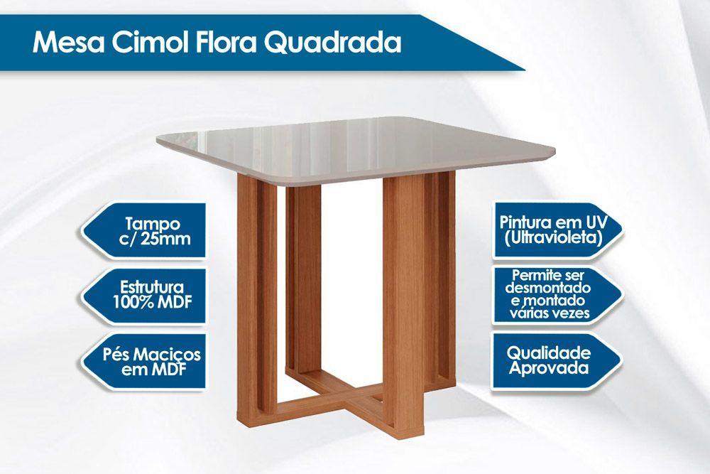 Sala Jantar Mesa Flora Tampo Madeirado c/ Vidro 95X95cm e 4 Cadeiras Nicole - Cimol