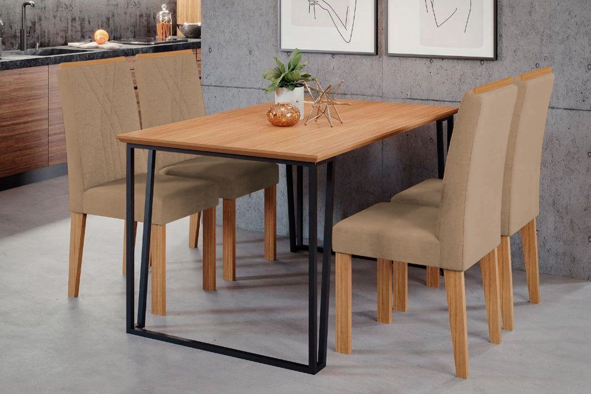Conjunto: Mesa de Cozinha Cimol Lisa Tampo Madeirado c/Vidro 130x80cm e 4 Cadeiras Nicole