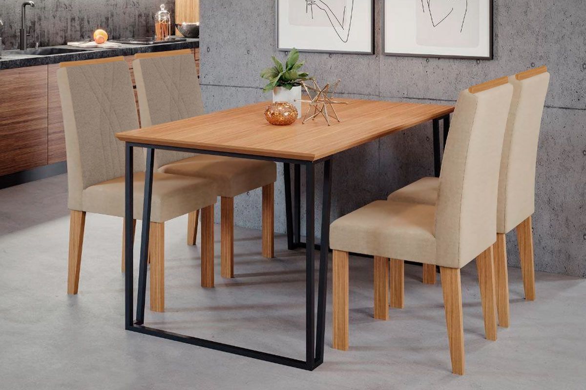 Conjunto: Mesa de Cozinha Cimol Lisa Tampo Madeirado c/Vidro 130x80cm e 4 Cadeiras Nicole