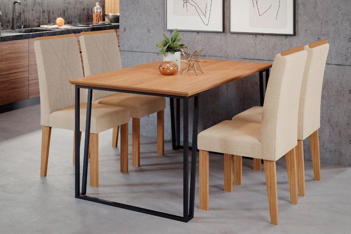 Conjunto: Mesa de Cozinha Cimol Lisa Tampo Madeirado c/Vidro 130x80cm e 4 Cadeiras Nicole