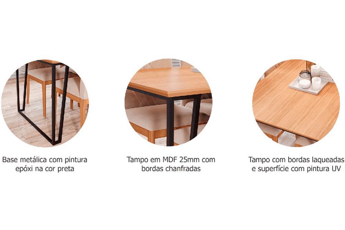 Conjunto: Mesa de Cozinha Cimol Lisa Tampo Madeirado c/Vidro 130x80cm e 4 Cadeiras Nicole