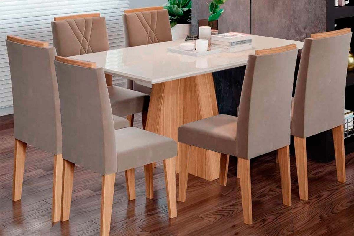 Sala Jantar Mesa Maitê Tampo Madeirado c/ Vidro Canto Curvo 160X80cm e 6 Cadeiras Nicole - Cimol