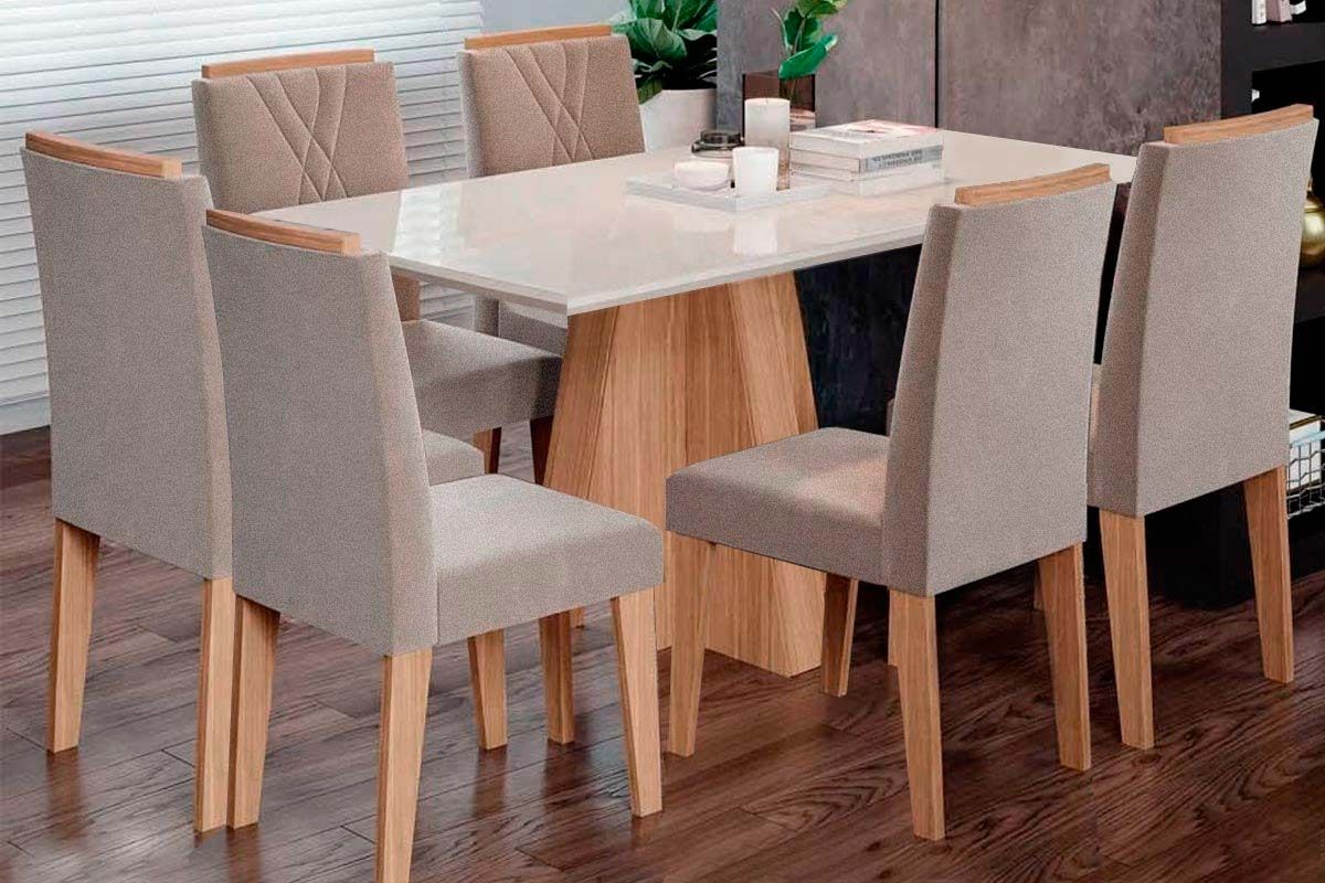 Sala Jantar Mesa Maitê Tampo Madeirado c/ Vidro Canto Curvo 160X80cm e 6 Cadeiras Nicole - Cimol
