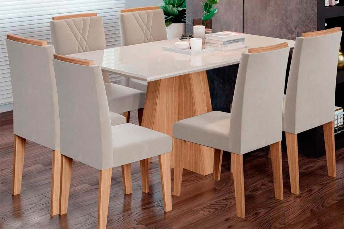 Sala Jantar Mesa Maitê Tampo Madeirado c/ Vidro Canto Curvo 160X80cm e 6 Cadeiras Nicole - Cimol