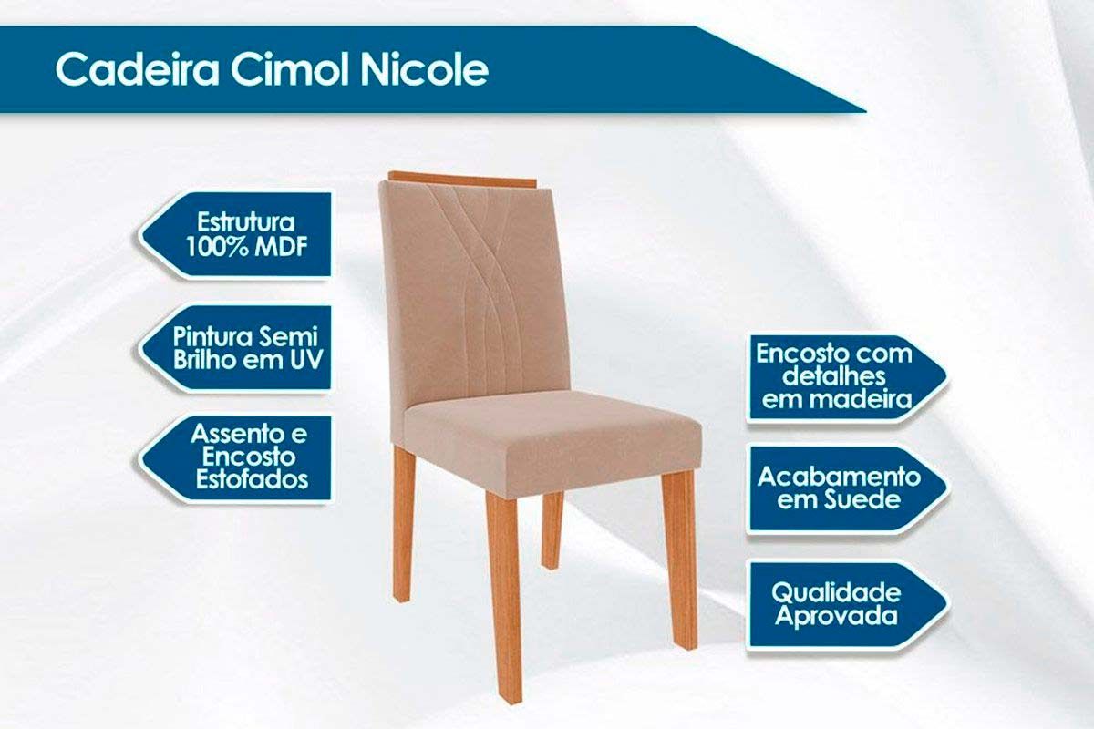 Sala Jantar Mesa Maitê Tampo Madeirado c/ Vidro Canto Curvo 160X80cm e 6 Cadeiras Nicole - Cimol