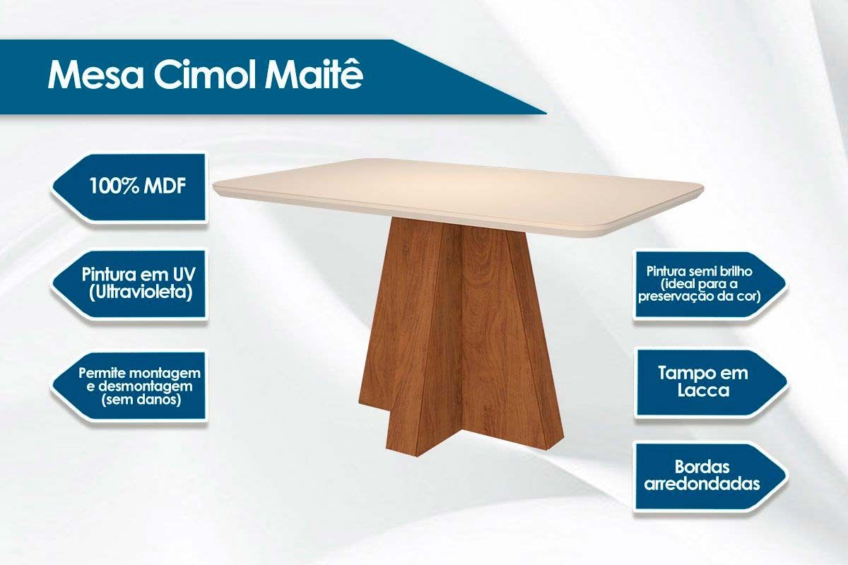 Sala Jantar Mesa Maitê Tampo Madeirado c/ Vidro Canto Curvo 160X80cm e 6 Cadeiras Nicole - Cimol