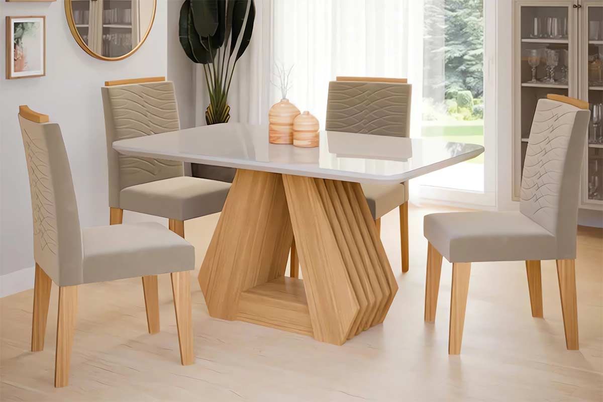 Sala Jantar Mesa Ágata Tampo Madeirado c/ Vidro 130x80cm e 4 Cadeiras Clarice - Cimol