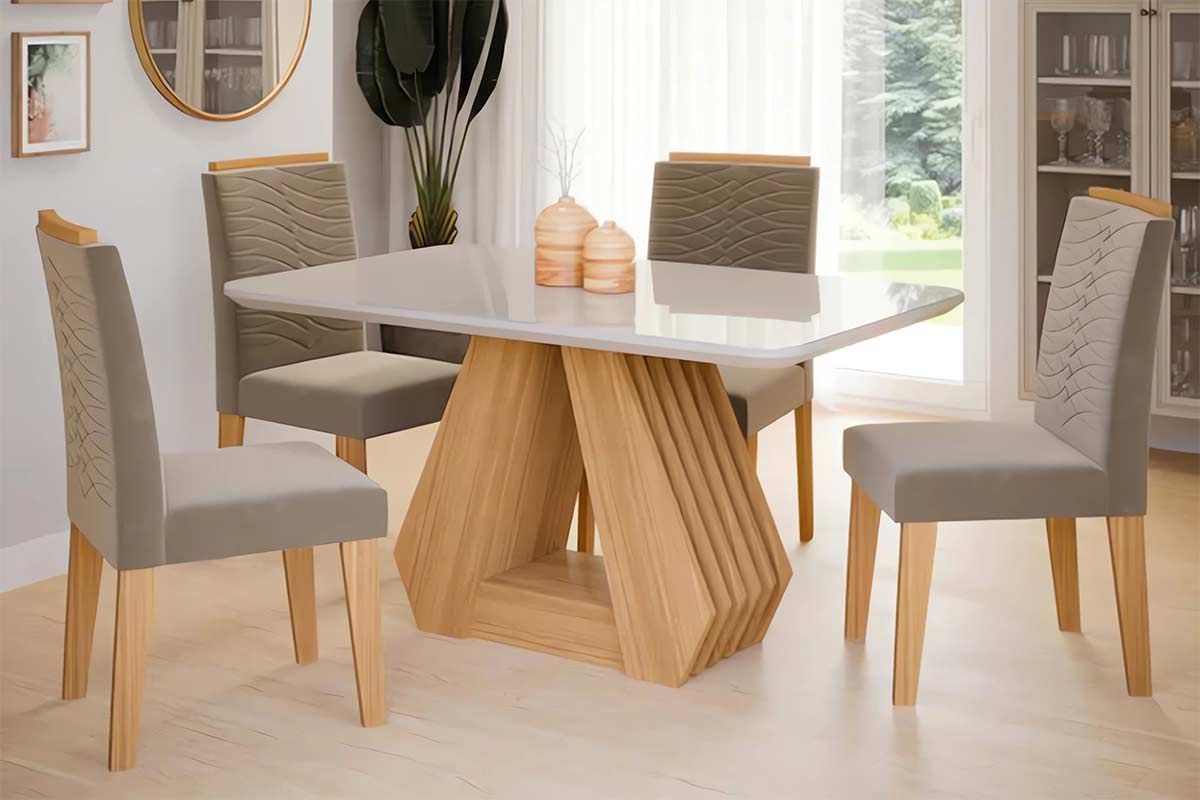 Sala Jantar Mesa Ágata Tampo Madeirado c/ Vidro 130x80cm e 4 Cadeiras Clarice - Cimol