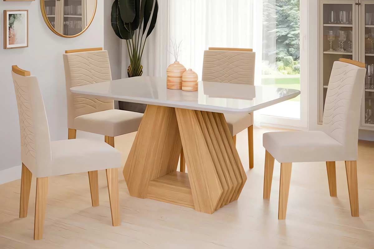 Sala Jantar Mesa Ágata Tampo Madeirado c/ Vidro 130x80cm e 4 Cadeiras Clarice - Cimol