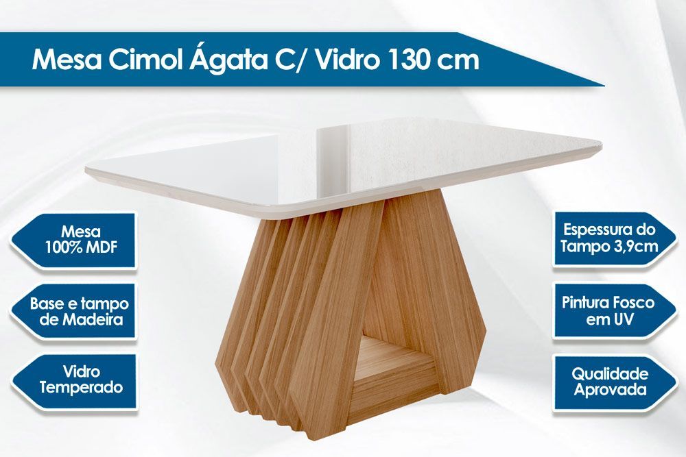 Sala Jantar Mesa Ágata Tampo Madeirado c/ Vidro 130x80cm e 4 Cadeiras Clarice - Cimol