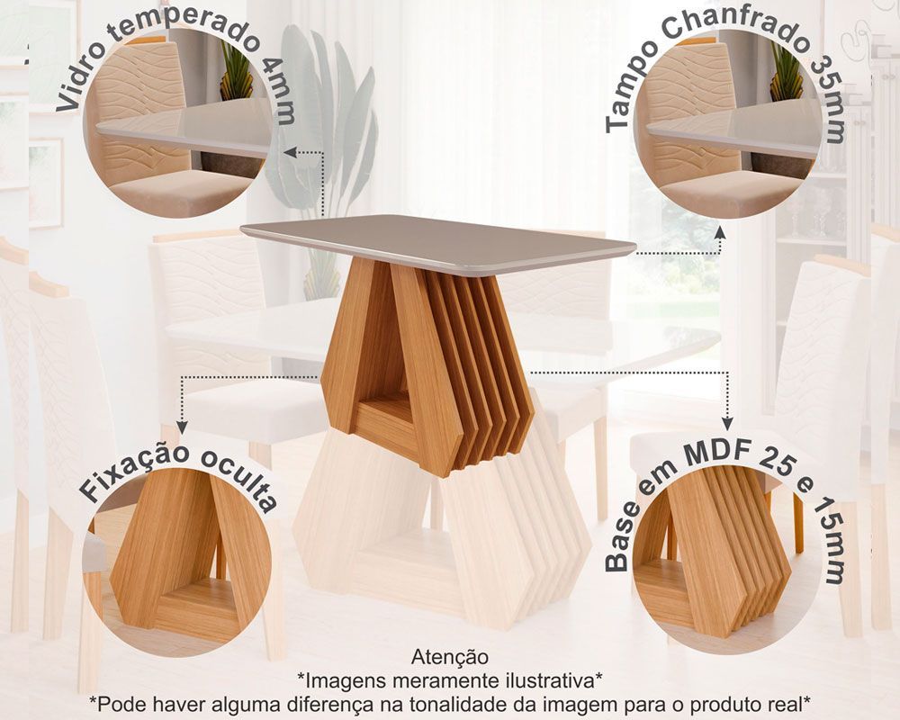 Sala Jantar Mesa Ágata Tampo Madeirado c/ Vidro 130x80cm e 4 Cadeiras Clarice - Cimol