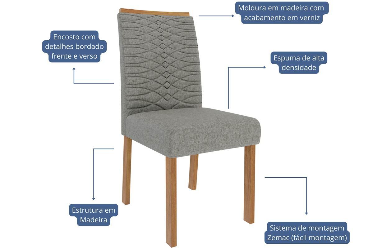 Sala Jantar Mesa Ágata Tampo Madeirado c/ Vidro 130x80cm e 4 Cadeiras Clarice - Cimol