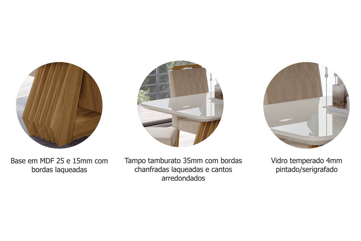 Sala Jantar Mesa Ágata Tampo Madeirado c/ Vidro 130x80cm e 4 Cadeiras Fernanda - Cimol