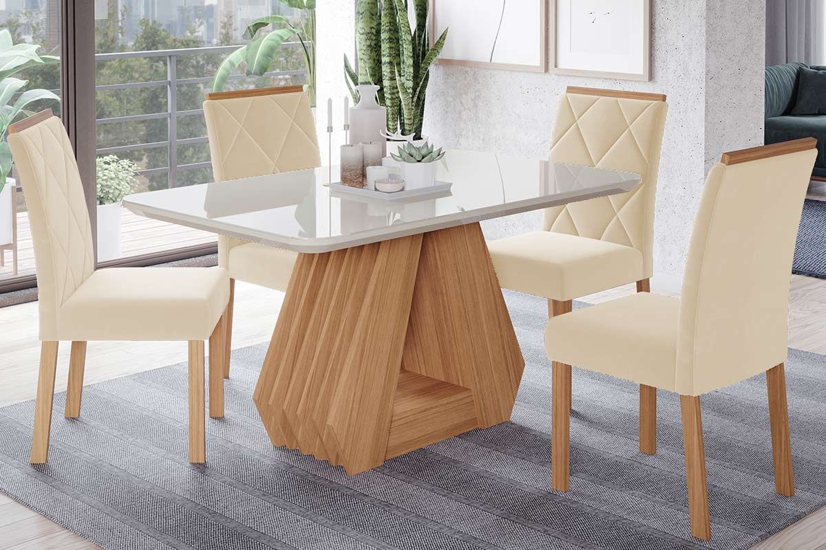 Sala Jantar Mesa Ágata Tampo Madeirado c/ Vidro 130x80cm e 4 Cadeiras Fernanda - Cimol