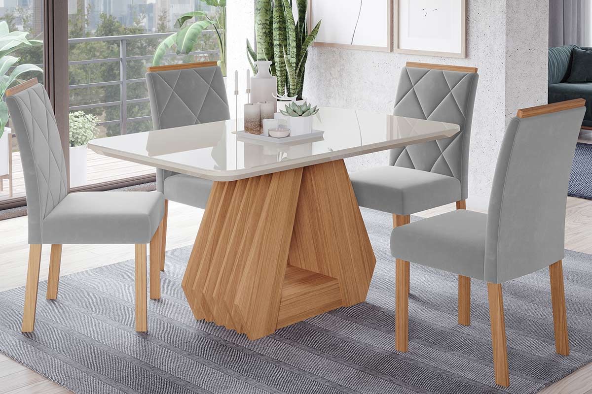 Sala Jantar Mesa Ágata Tampo Madeirado c/ Vidro 130x80cm e 4 Cadeiras Fernanda - Cimol